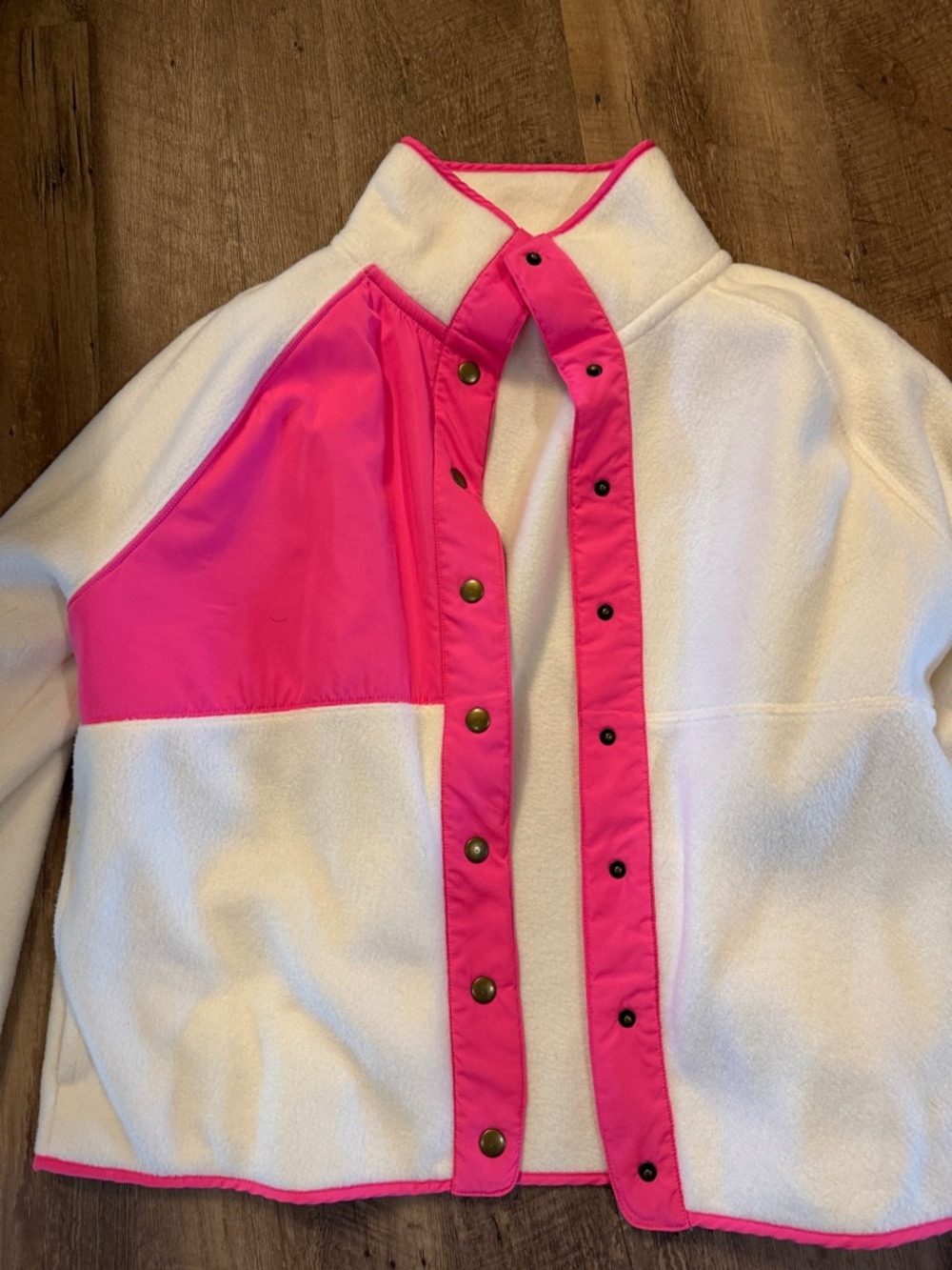 J. Crew women White and Hot Pink Colorblock Snap Fleece Jacket - Picture 2 of 4
